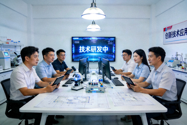 爱游戏体育ayx技术研发团队在实验室讨论创新技术应用