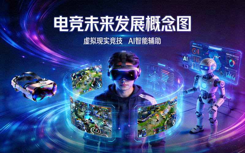 描绘电竞未来发展的概念图，包含虚拟现实、人工智能等元素