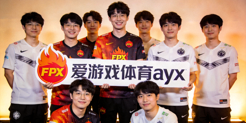爱游戏体育ayx平台携手FPX战队深化电竞赞助战略合作，FPX战队成员与ayx标志合影